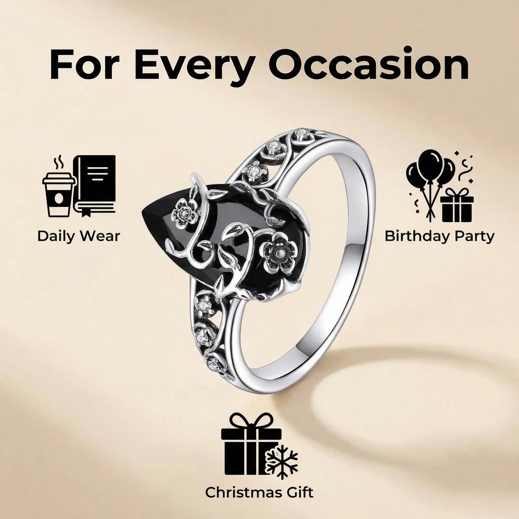 925 Sterling Silver Synthetic Obsidian Ring with Vintage Flower Design, Elegant Black Lab Grown Diamond Ring Jewelry for Women, Energy Crystal Ring Perfect for Daily Wear and Birthday Party, Christmas Gift, with Gift Box