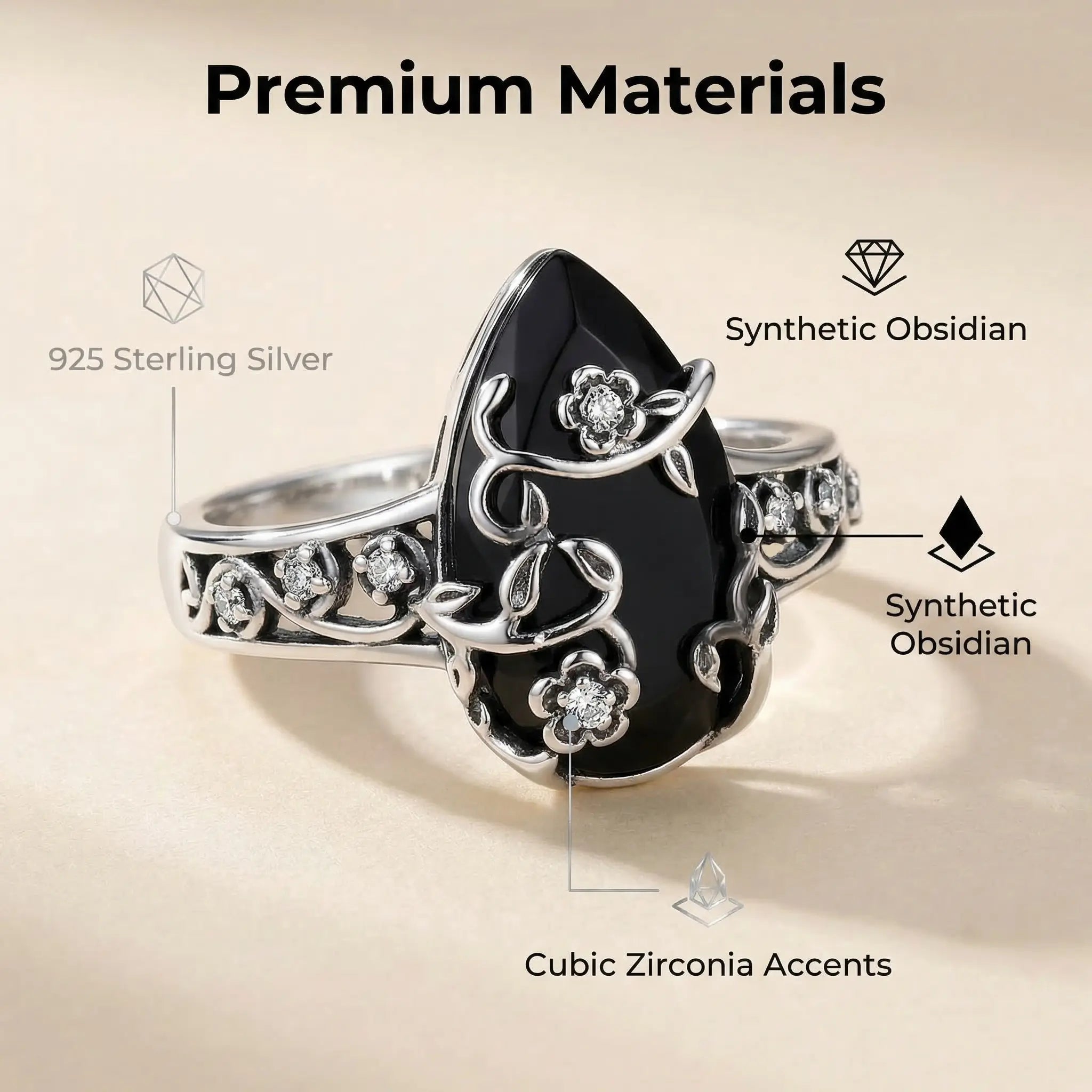 925 Sterling Silver Synthetic Obsidian Ring with Vintage Flower Design, Elegant Black Lab Grown Diamond Ring Jewelry for Women, Energy Crystal Ring Perfect for Daily Wear and Birthday Party, Christmas Gift, with Gift Box