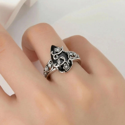 925 Sterling Silver Synthetic Obsidian Ring with Vintage Flower Design, Elegant Black Lab Grown Diamond Ring Jewelry for Women, Energy Crystal Ring Perfect for Daily Wear and Birthday Party, Christmas Gift, with Gift Box